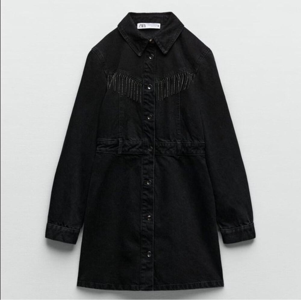 Zara Black Denim Fringe Western Button Down Rhinestone Mini Dress Size Small